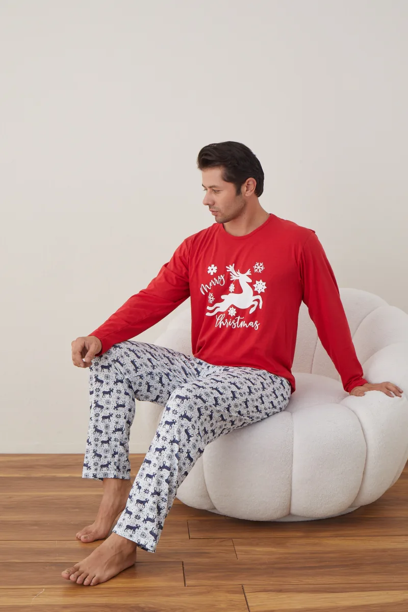 Pijama barbati Craciun "Chrystmas Merry"  , maneca lunga ,pantaloni lungi,Culoare Rosu ,Engros — Image 6