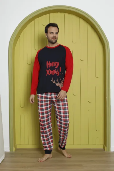 Pijama barbati Craciun "Meryy Xmas" maneca lunga ,pantaloni lungi,Culoare Rosu, Engros