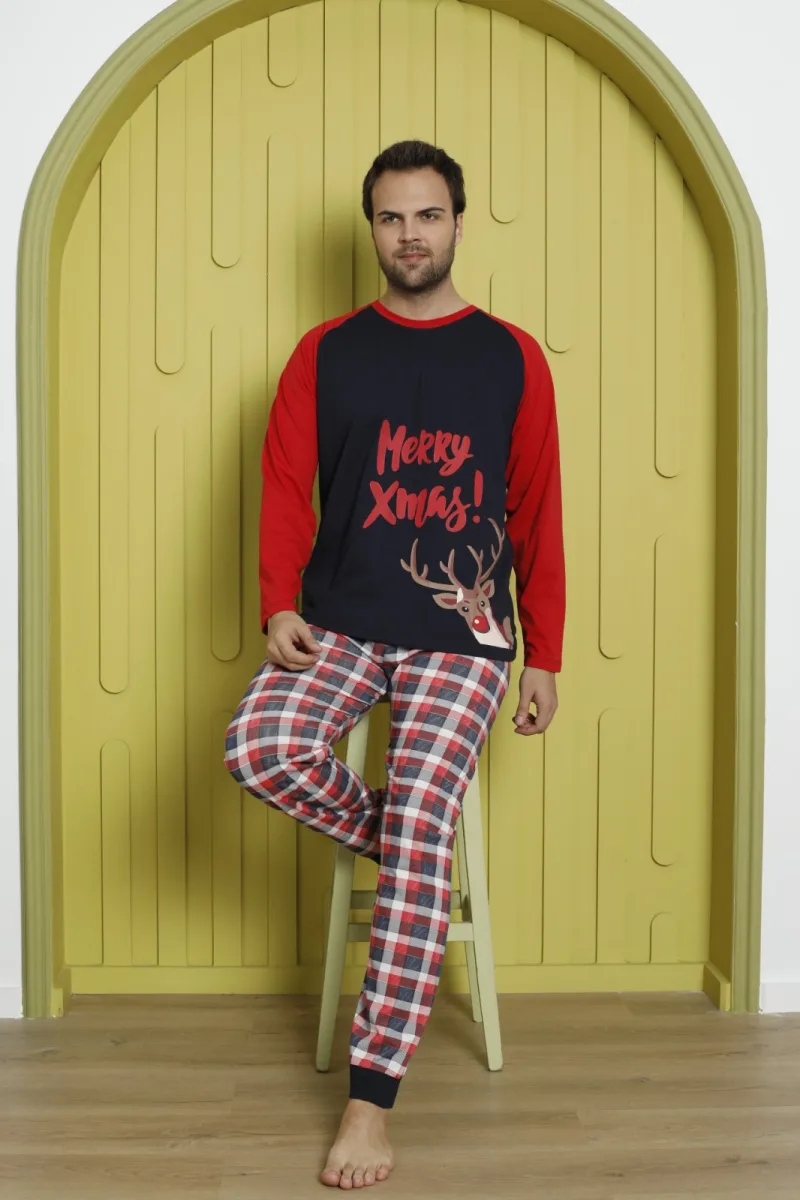 Pijama barbati Craciun "Meryy Xmas" maneca lunga ,pantaloni lungi,Culoare Rosu, Engros — Image 2