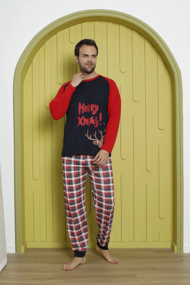 Pijama barbati Craciun "Meryy Xmas" maneca lunga ,pantaloni lungi,Culoare Rosu, Engros — Image 3