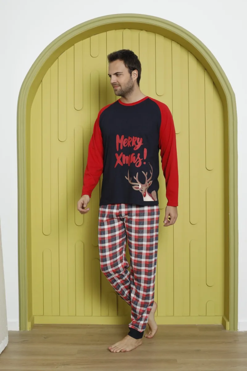 Pijama barbati Craciun "Meryy Xmas" maneca lunga ,pantaloni lungi,Culoare Rosu, Engros — Image 4