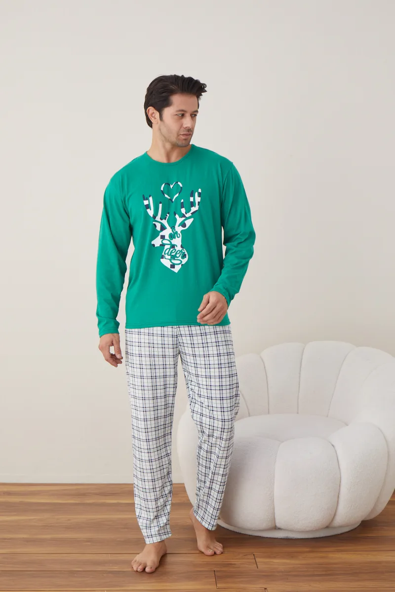 Pijama barbati Craciun   , maneca lunga ,pantaloni lungi,Culoare Verde ,Engros — Image 3