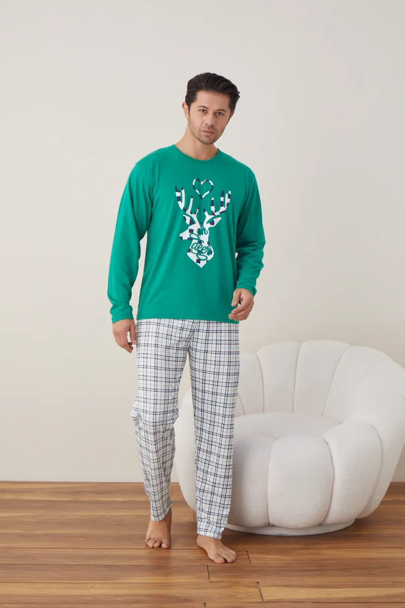 Pijama barbati Craciun   , maneca lunga ,pantaloni lungi,Culoare Verde ,Engros — Image 4