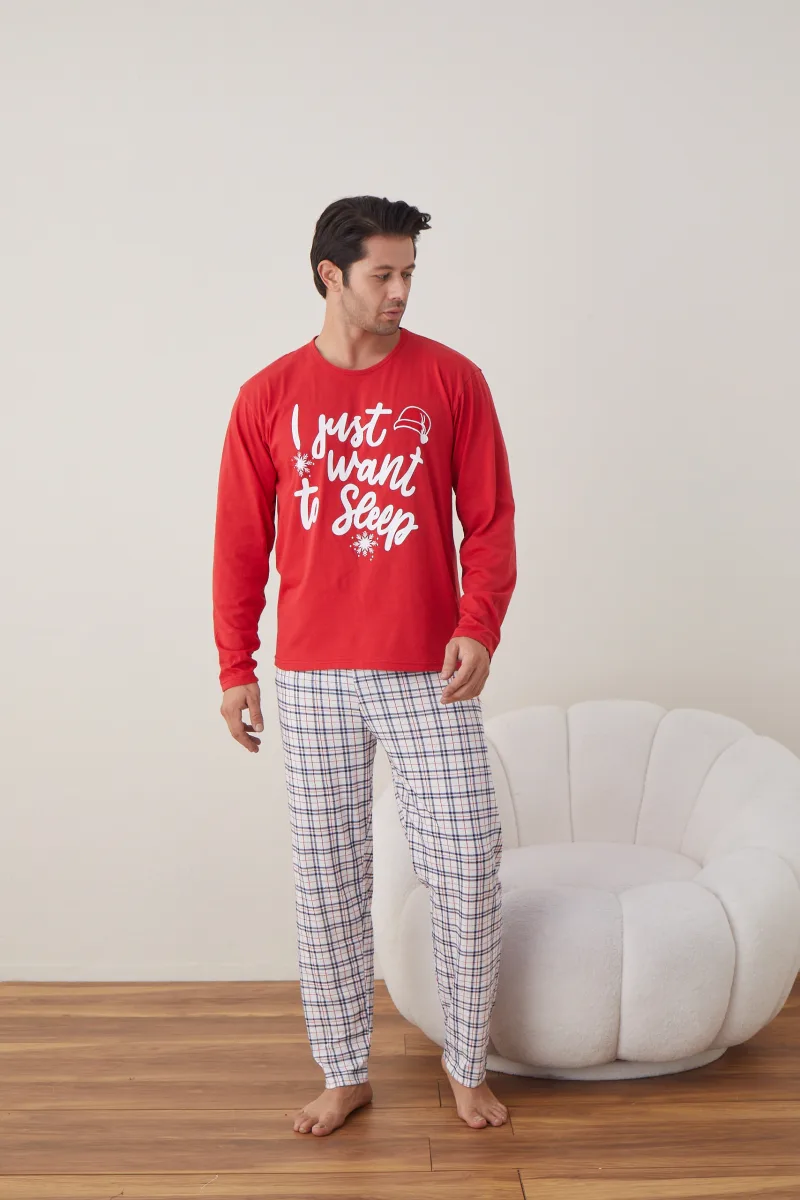 Pijama barbati Craciun , maneca lunga ,pantaloni lungi,Culoare Rosu ,Engros — Image 1