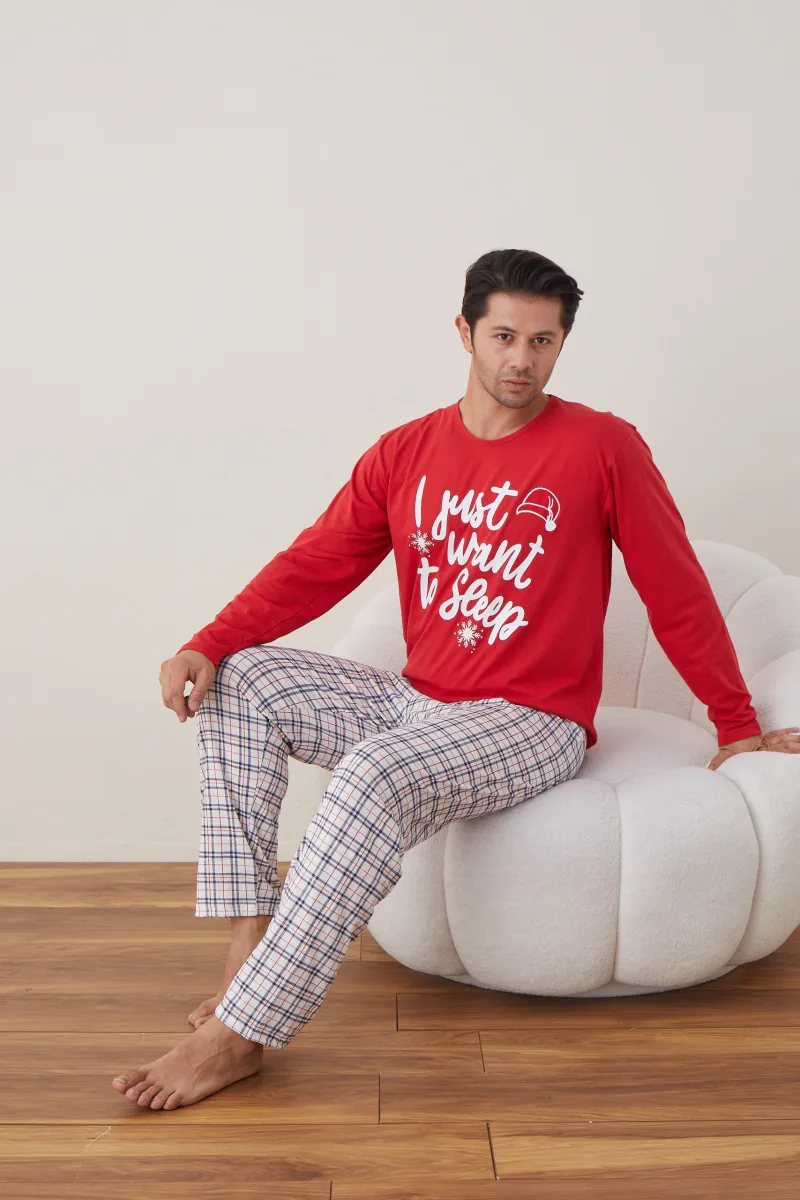 Pijama barbati Craciun , maneca lunga ,pantaloni lungi,Culoare Rosu ,Engros — Image 3