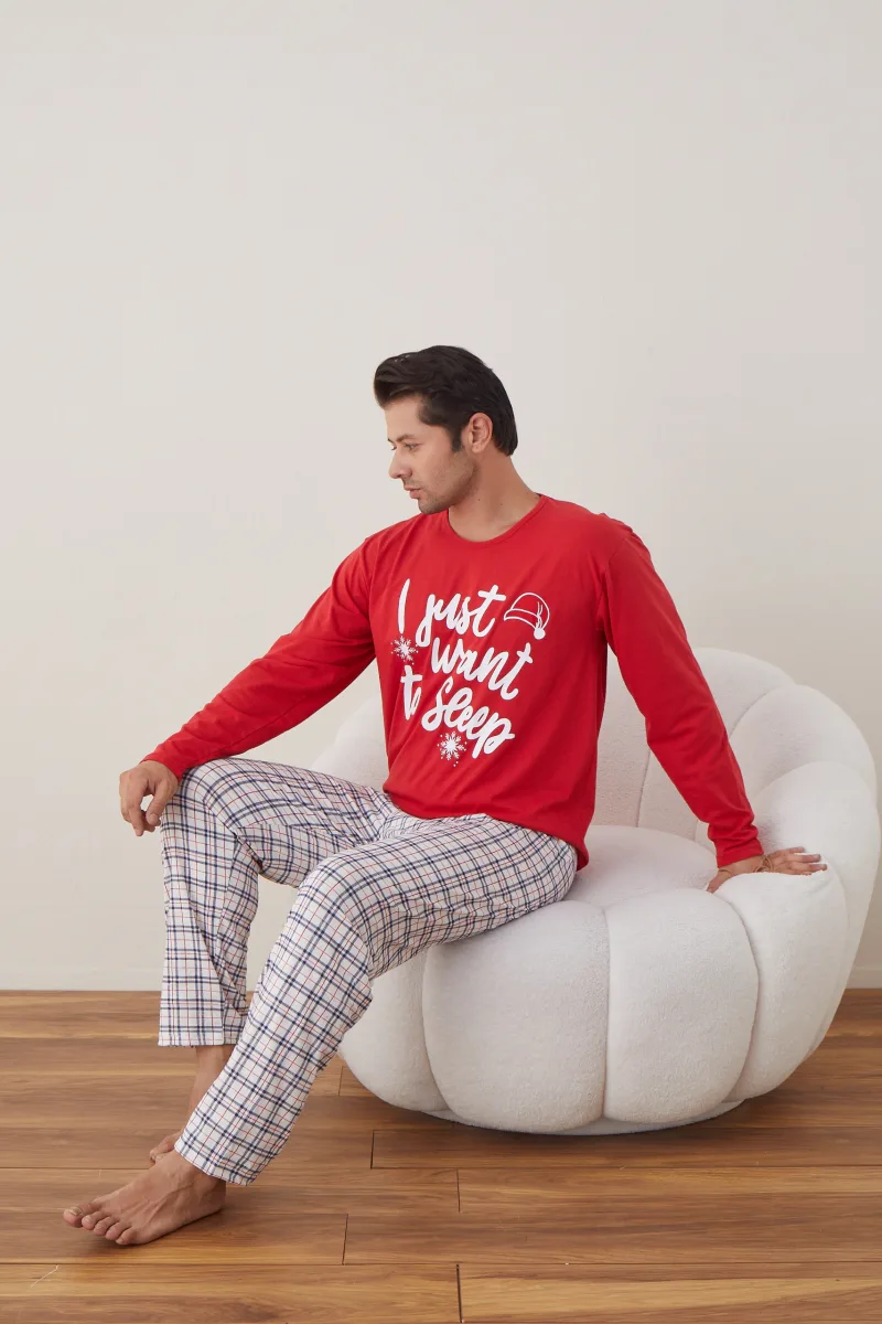 Pijama barbati Craciun , maneca lunga ,pantaloni lungi,Culoare Rosu ,Engros — Image 4