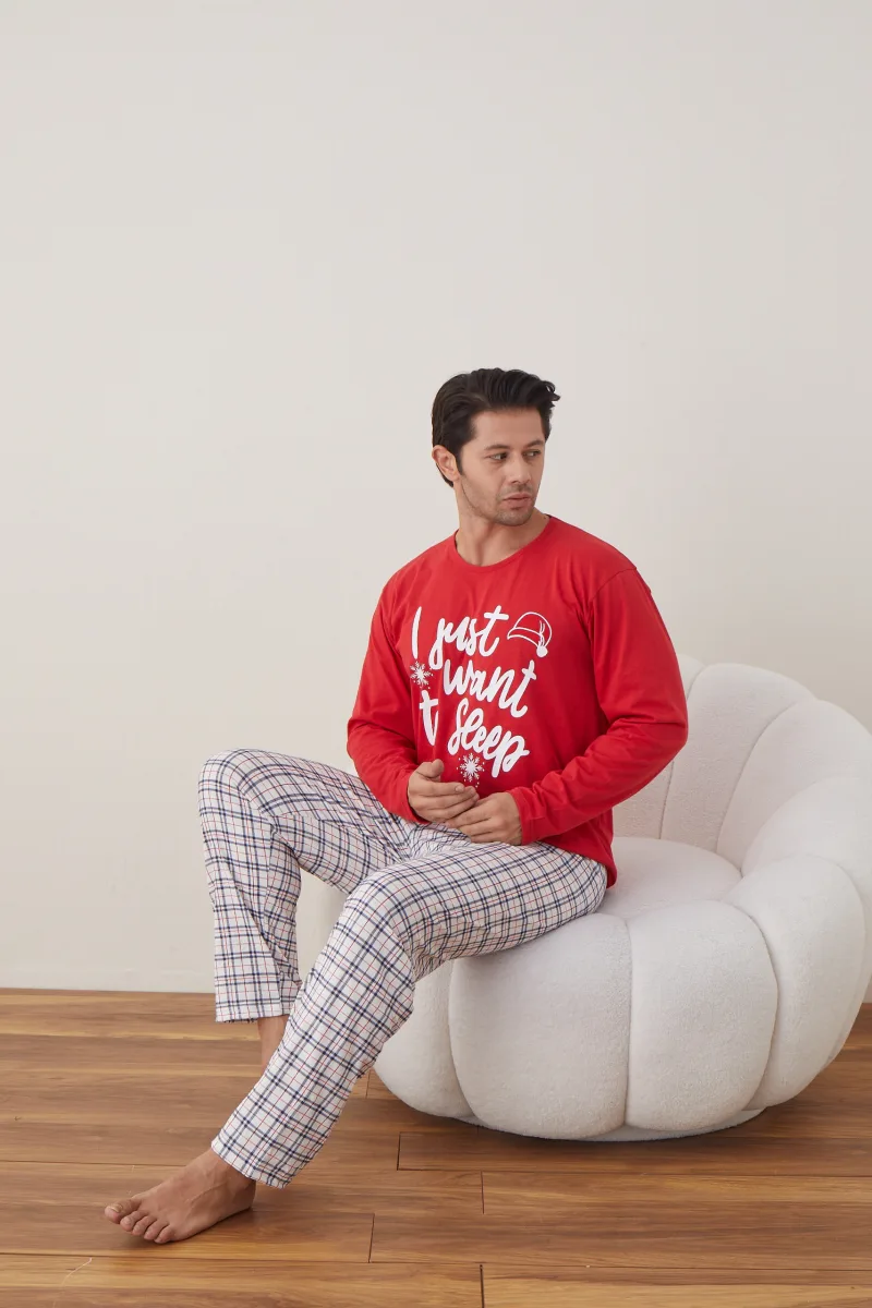Pijama barbati Craciun , maneca lunga ,pantaloni lungi,Culoare Rosu ,Engros — Image 5