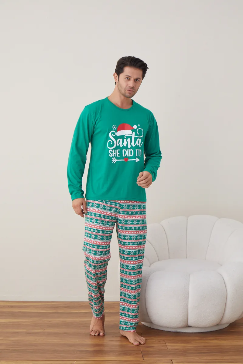 Pijama barbati Craciun "SANTA SHE DID IT" , maneca lunga ,pantaloni lungi,Culoare Verde,Engros — Imaginea 4