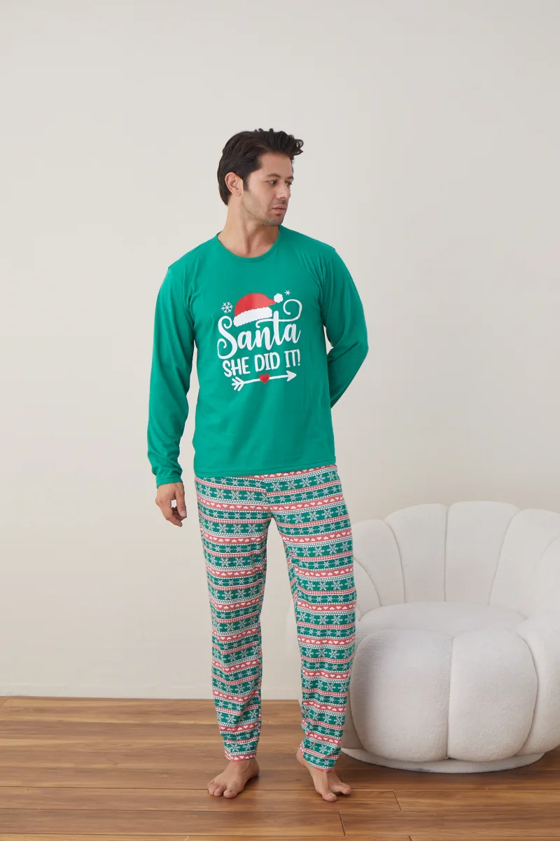 Pijama barbati Craciun "SANTA SHE DID IT" , maneca lunga ,pantaloni lungi,Culoare Verde,Engros — Imaginea 5