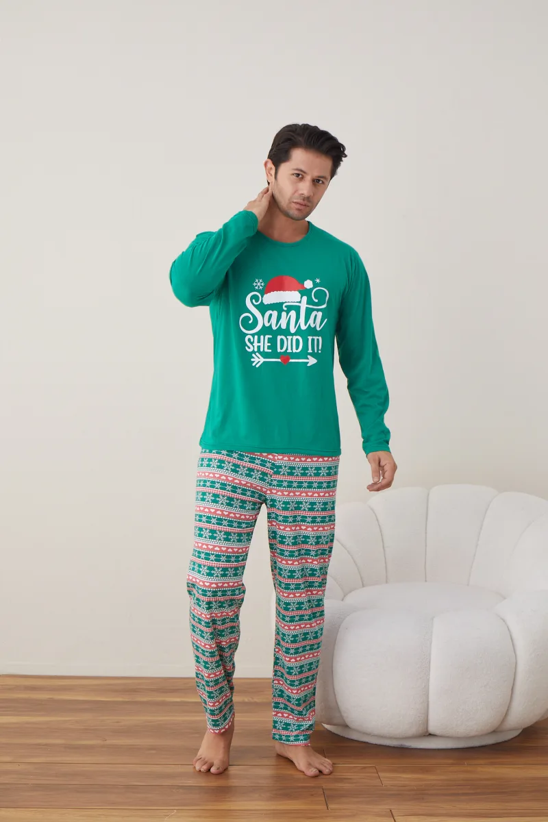 Pijama barbati Craciun "SANTA SHE DID IT" , maneca lunga ,pantaloni lungi,Culoare Verde,Engros — Imaginea 6