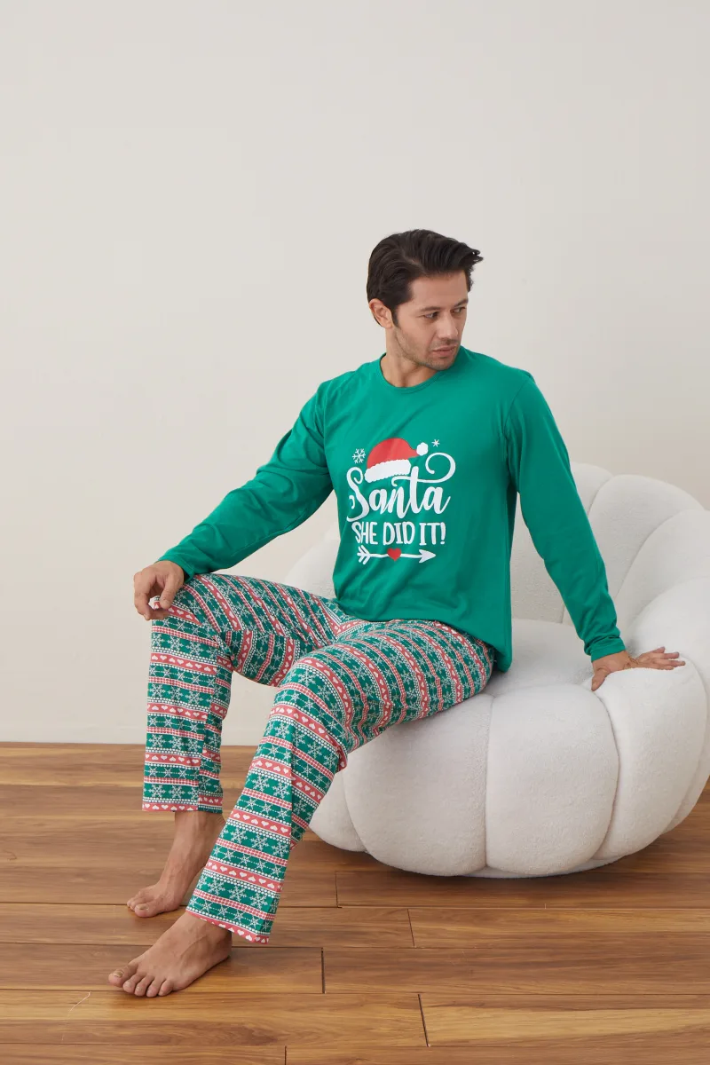 Pijama barbati Craciun "SANTA SHE DID IT" , maneca lunga ,pantaloni lungi,Culoare Verde,Engros — Imaginea 8