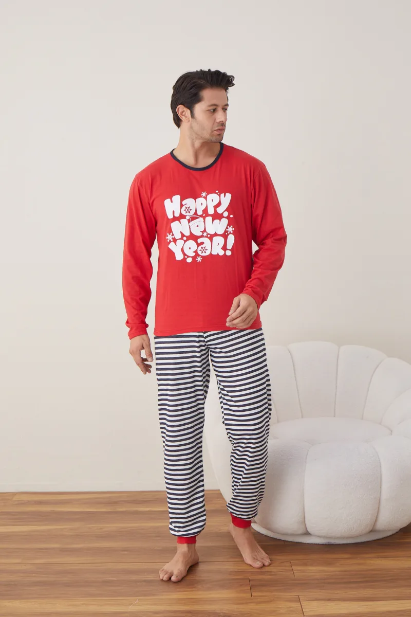 Pijama barbati Craciun "HAPPY NEW YEAR" , maneca lunga ,pantaloni lungi,Culoare Rosu ,Engros — Görsel 6