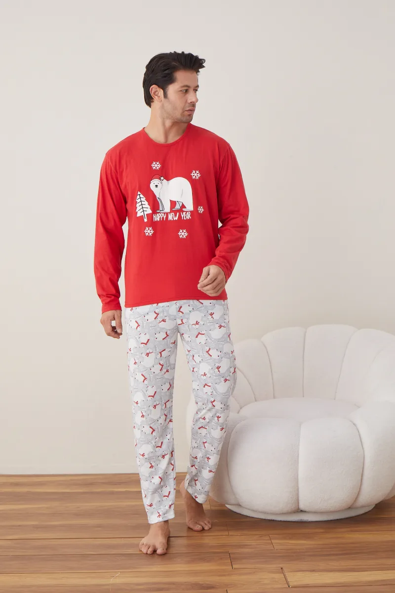 Pijama barbati Craciun "HAPPY NEW YEAR" , maneca lunga ,pantaloni lungi,Culoare Rosu ,Engros — Görsel 2