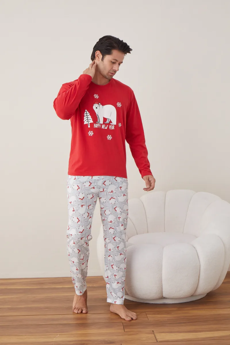 Pijama barbati Craciun "HAPPY NEW YEAR" , maneca lunga ,pantaloni lungi,Culoare Rosu ,Engros — Görsel 3