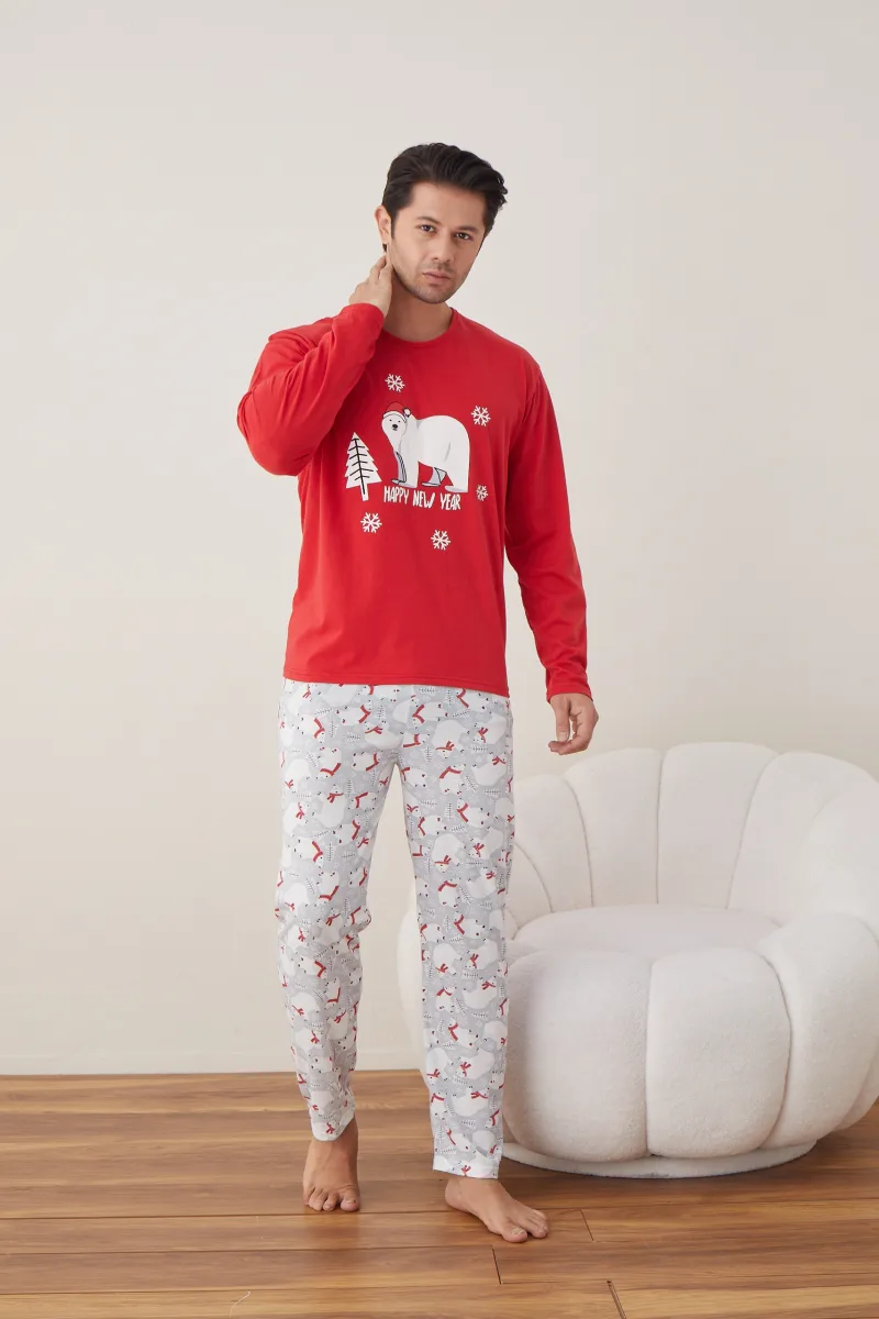 Pijama barbati Craciun "HAPPY NEW YEAR" , maneca lunga ,pantaloni lungi,Culoare Rosu ,Engros — Görsel 4
