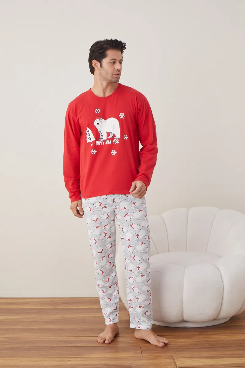 Pijama barbati Craciun "HAPPY NEW YEAR" , maneca lunga ,pantaloni lungi,Culoare Rosu ,Engros — Görsel 5