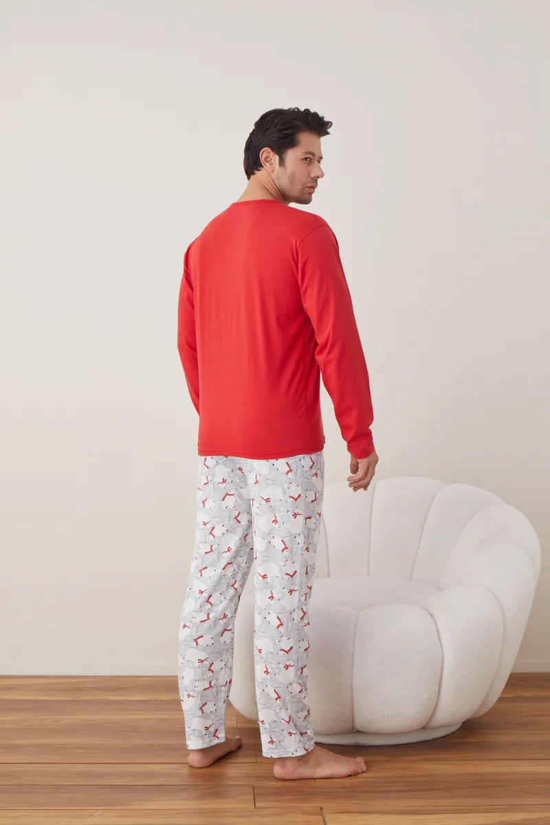 Pijama barbati Craciun "HAPPY NEW YEAR" , maneca lunga ,pantaloni lungi,Culoare Rosu ,Engros — Görsel 6