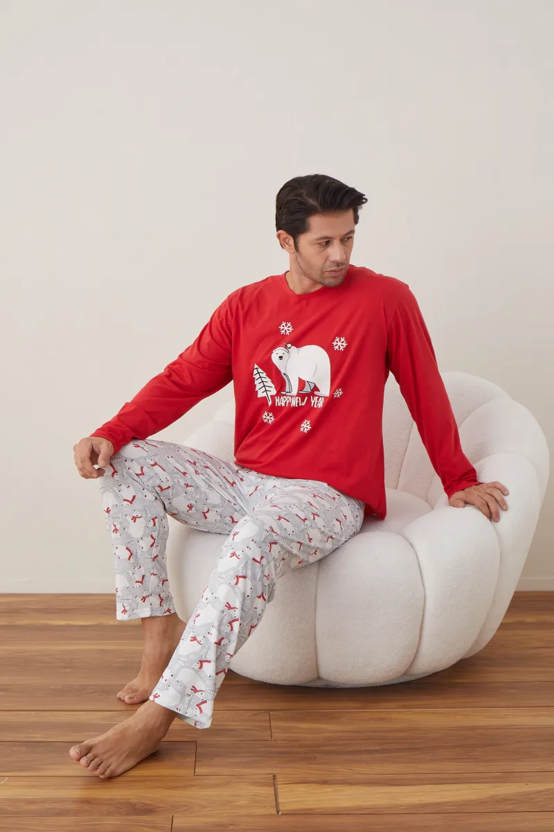 Pijama barbati Craciun "HAPPY NEW YEAR" , maneca lunga ,pantaloni lungi,Culoare Rosu ,Engros — Görsel 7