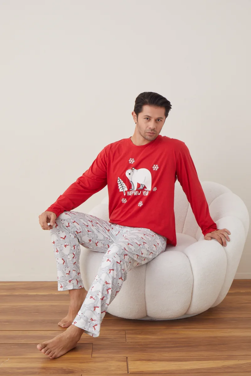 Pijama barbati Craciun "HAPPY NEW YEAR" , maneca lunga ,pantaloni lungi,Culoare Rosu ,Engros — Görsel 8