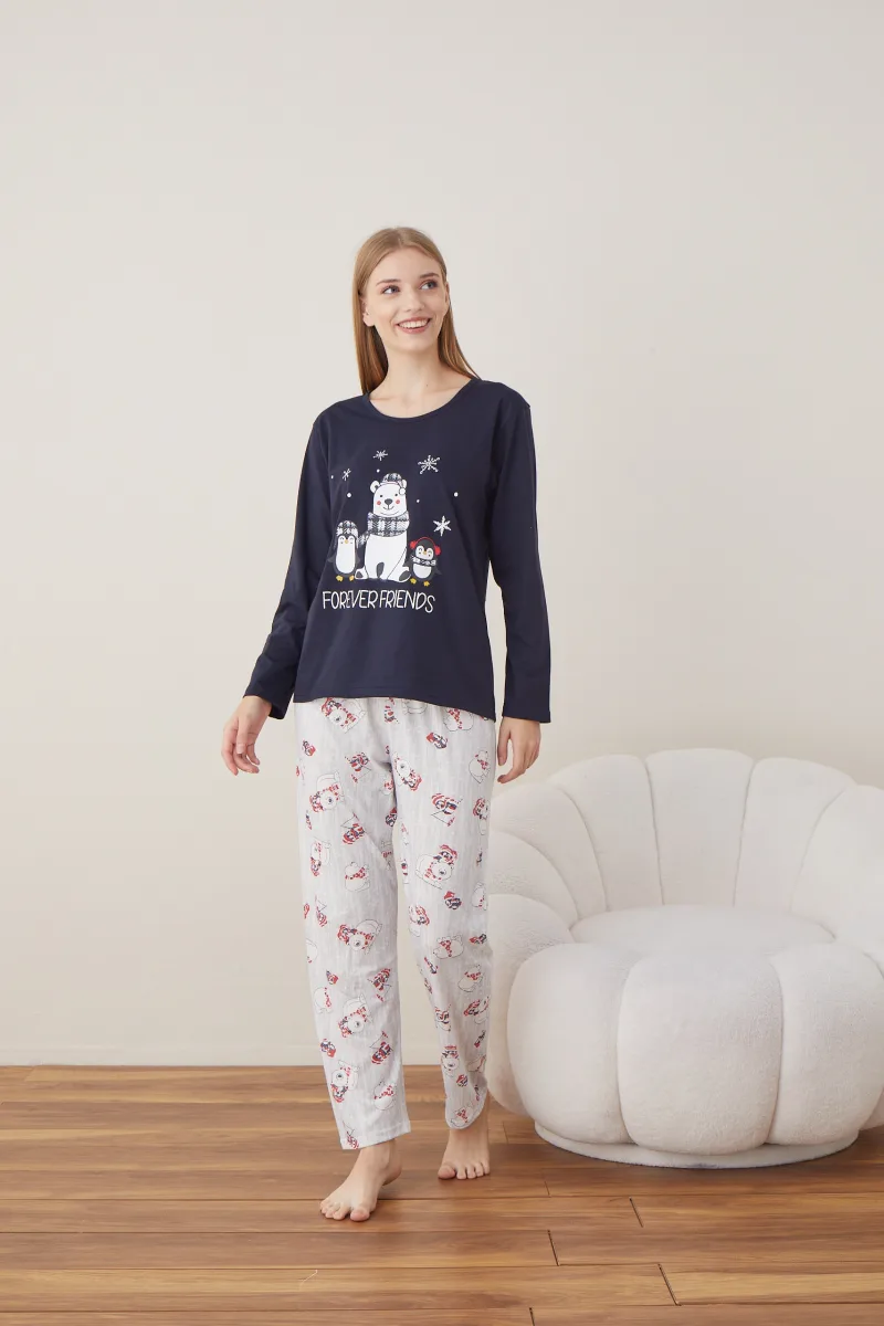 Pijama Dama Craciun  "FOREVER FRIENDS" ,maneca lunga ,pantaloni lungi,Engros — Imaginea 2