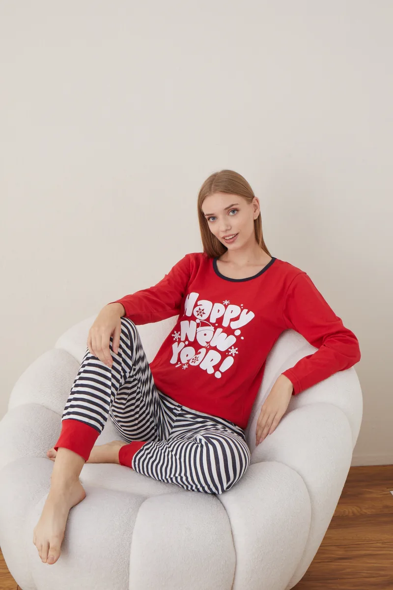 Pijama Dama Craciun  "HAPPY NEW YEAR " ,maneca lunga ,pantaloni lungi,Engros — Image 4