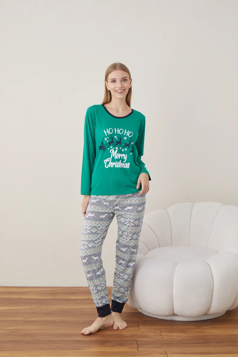 Pijama Dama Craciun " HO HO HO" ,maneca lunga ,pantaloni lungi,Engros — Imaginea 2