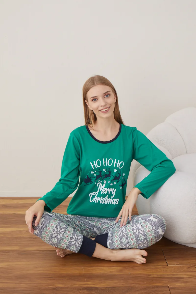 Pijama Dama Craciun " HO HO HO" ,maneca lunga ,pantaloni lungi,Engros — Imaginea 3