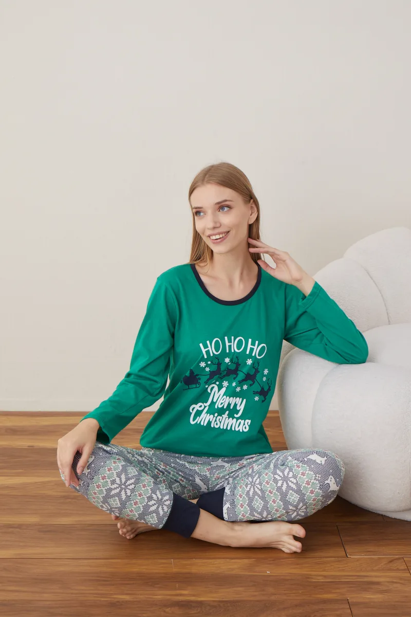 Pijama Dama Craciun " HO HO HO" ,maneca lunga ,pantaloni lungi,Engros — Imaginea 4