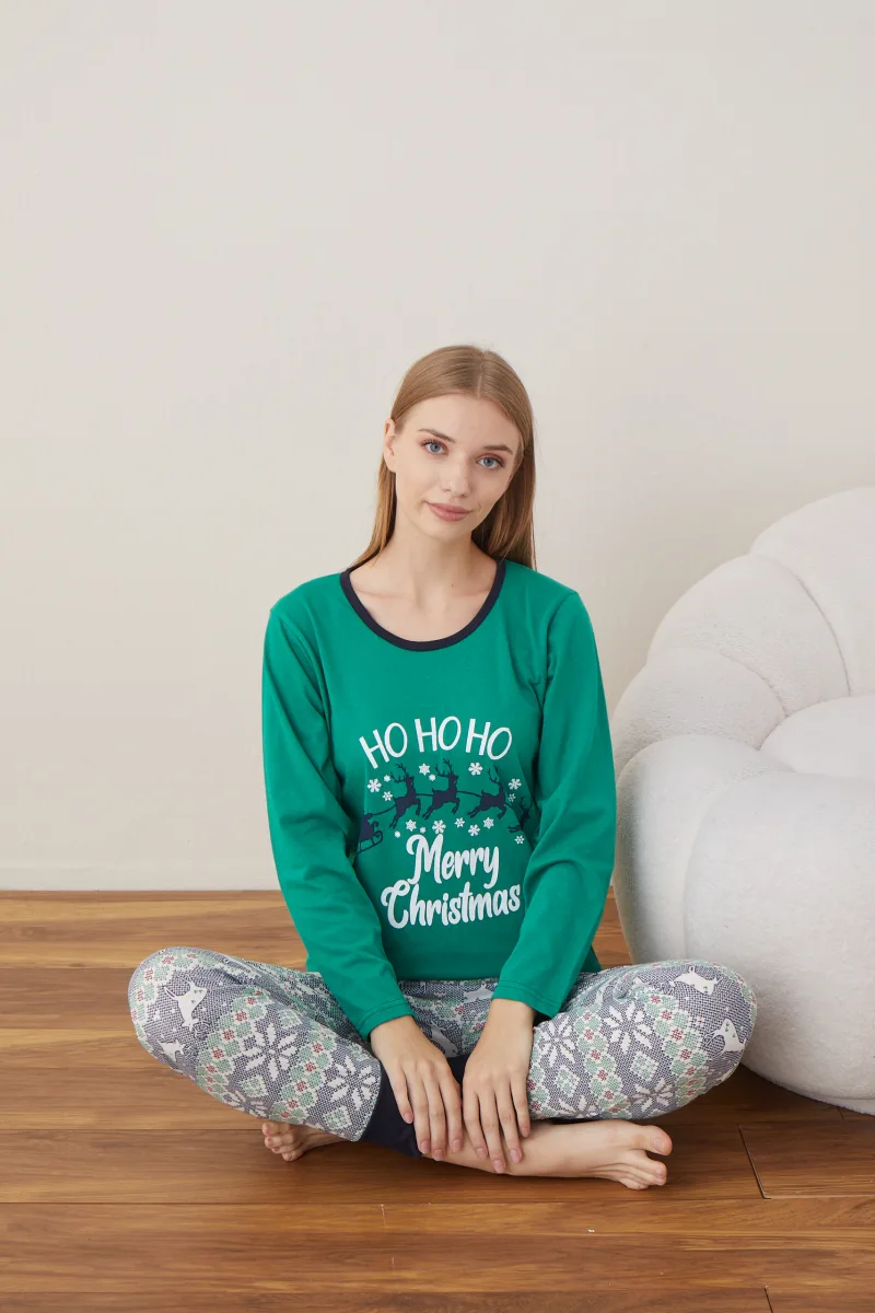 Pijama Dama Craciun " HO HO HO" ,maneca lunga ,pantaloni lungi,Engros — Imaginea 5
