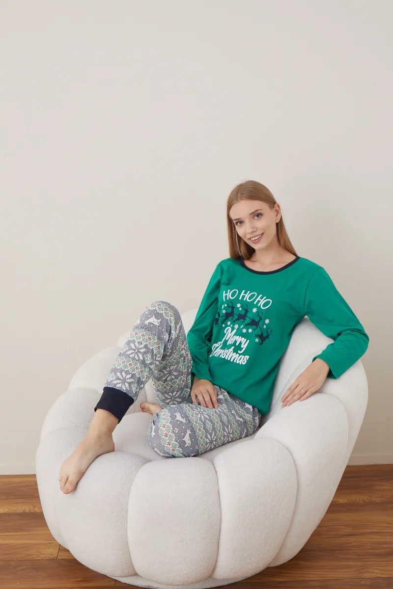 Pijama Dama Craciun " HO HO HO" ,maneca lunga ,pantaloni lungi,Engros — Imaginea 6