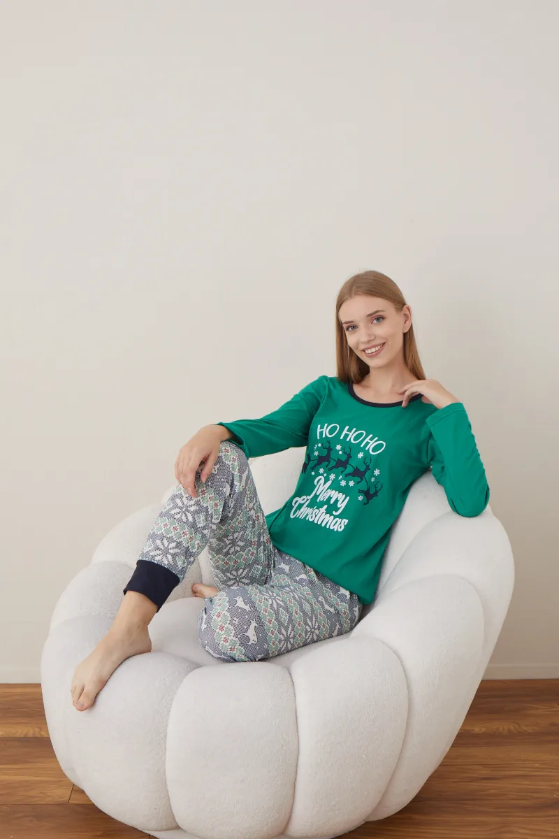 Pijama Dama Craciun " HO HO HO" ,maneca lunga ,pantaloni lungi,Engros — Imaginea 8