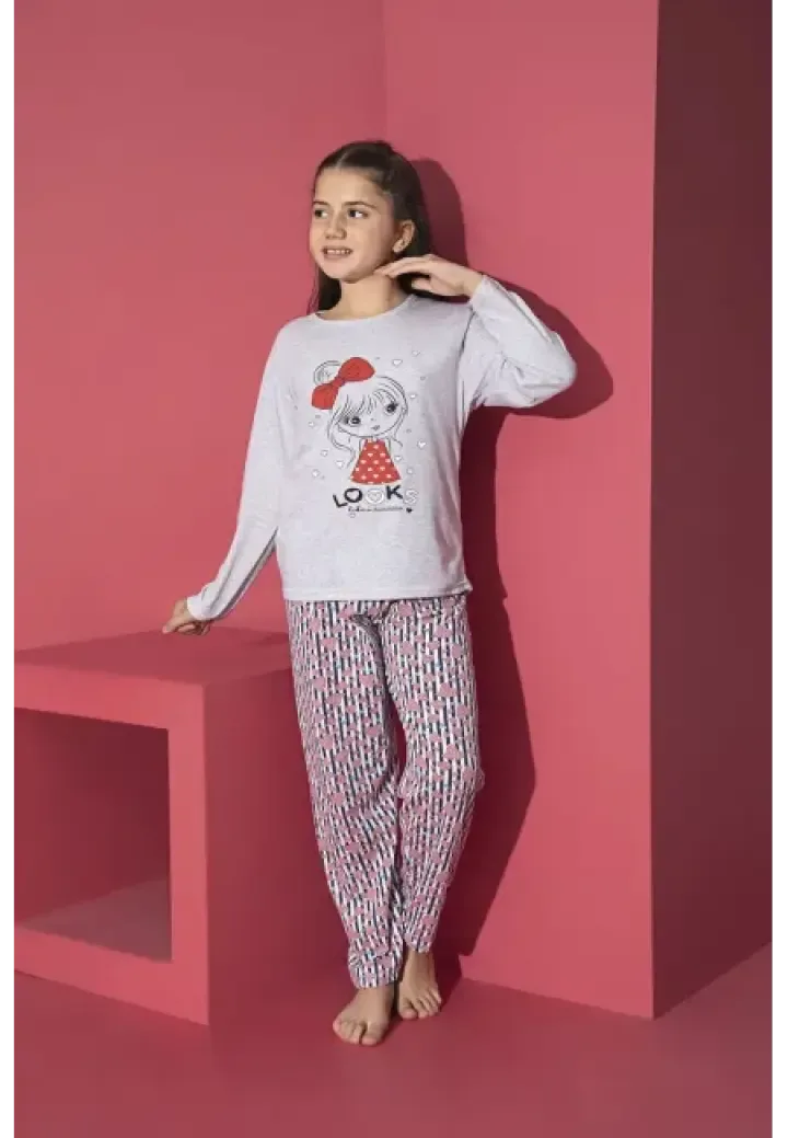 Pijama Fete, Mânecă Lungă, Imprimeu Looks,Culoare Gri,Engros — Image 1