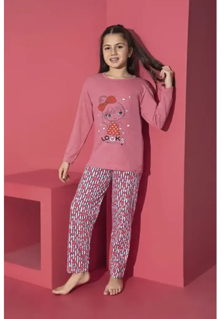 Pijama Fete, Mânecă Lungă, Imprimeu Looks,Culoare Roz Inchis,Engros — Image 1