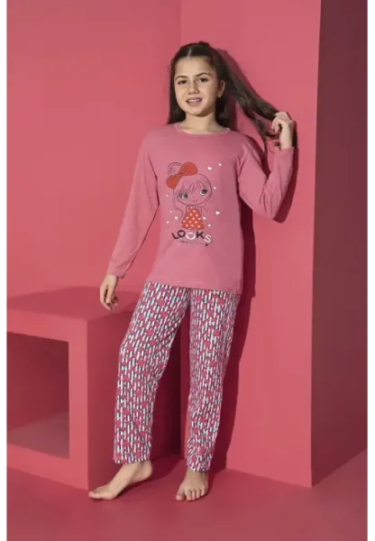 Pijama Fete, Mânecă Lungă, Imprimeu Looks,Culoare Roz Inchis,Engros