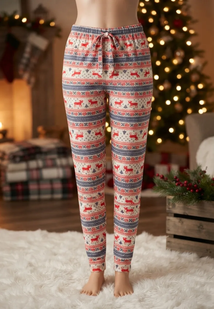 Pantaloni pijama dama Craciun,Culoare Alb cu Rosu,Engros — Image 1
