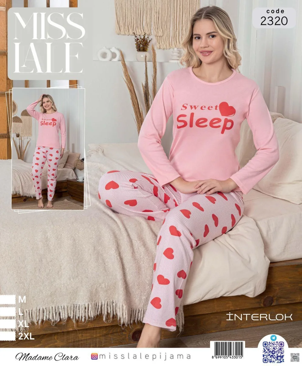Pijama dama din interlok,Culoare Roz ,Imprimeu inimi,En-gros — Imaginea 1