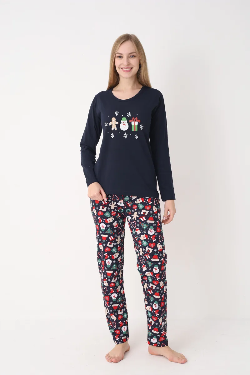 Pijama dama Craciun,maneca lunga si pantaloni lungi,imprimeu figurine festive, En-gros — Imaginea 1