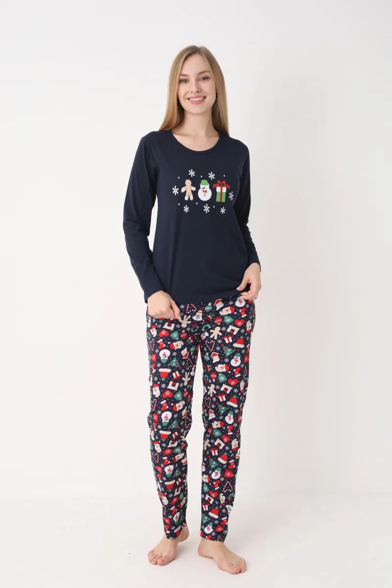 Pijama dama Craciun,maneca lunga si pantaloni lungi,imprimeu figurine festive, En-gros — Imaginea 2