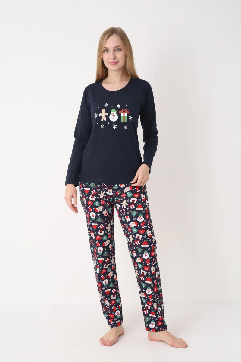 Pijama dama Craciun,maneca lunga si pantaloni lungi,imprimeu figurine festive, En-gros — Imaginea 3