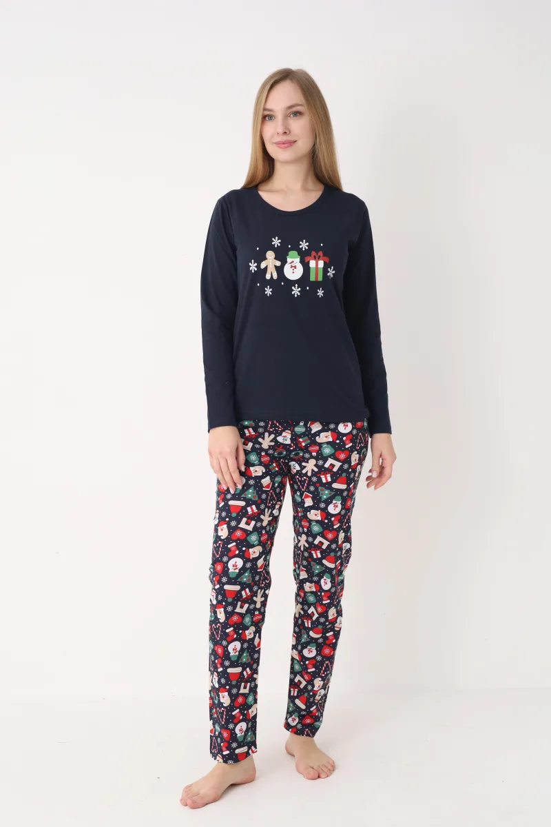 Pijama dama Craciun,maneca lunga si pantaloni lungi,imprimeu figurine festive, En-gros — Imaginea 4