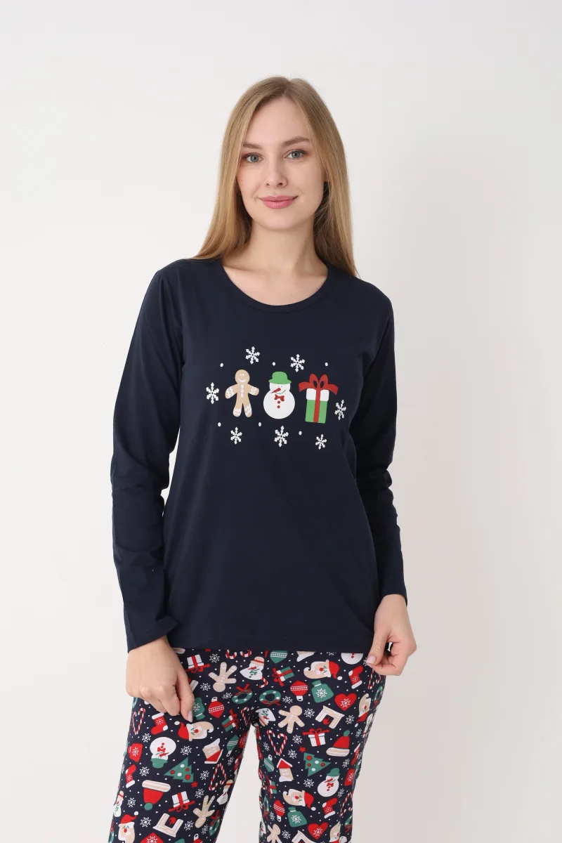 Pijama dama Craciun,maneca lunga si pantaloni lungi,imprimeu figurine festive, En-gros — Imaginea 5