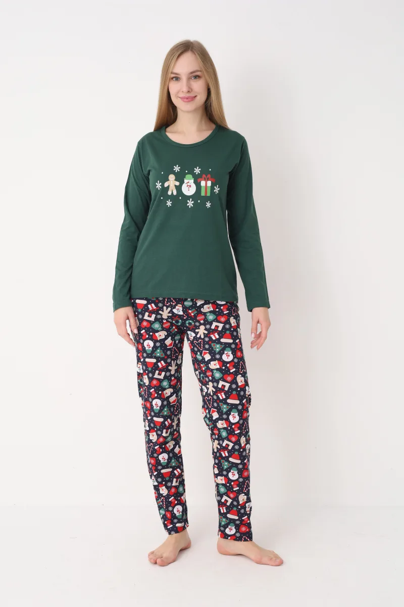 Pijama dama Craciun,maneca lunga si pantaloni lungi,imprimeu figurine festive, En-gros — Imaginea 1