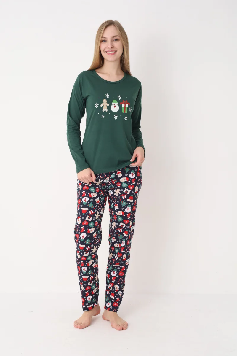 Pijama dama Craciun,maneca lunga si pantaloni lungi,imprimeu figurine festive, En-gros — Imaginea 2