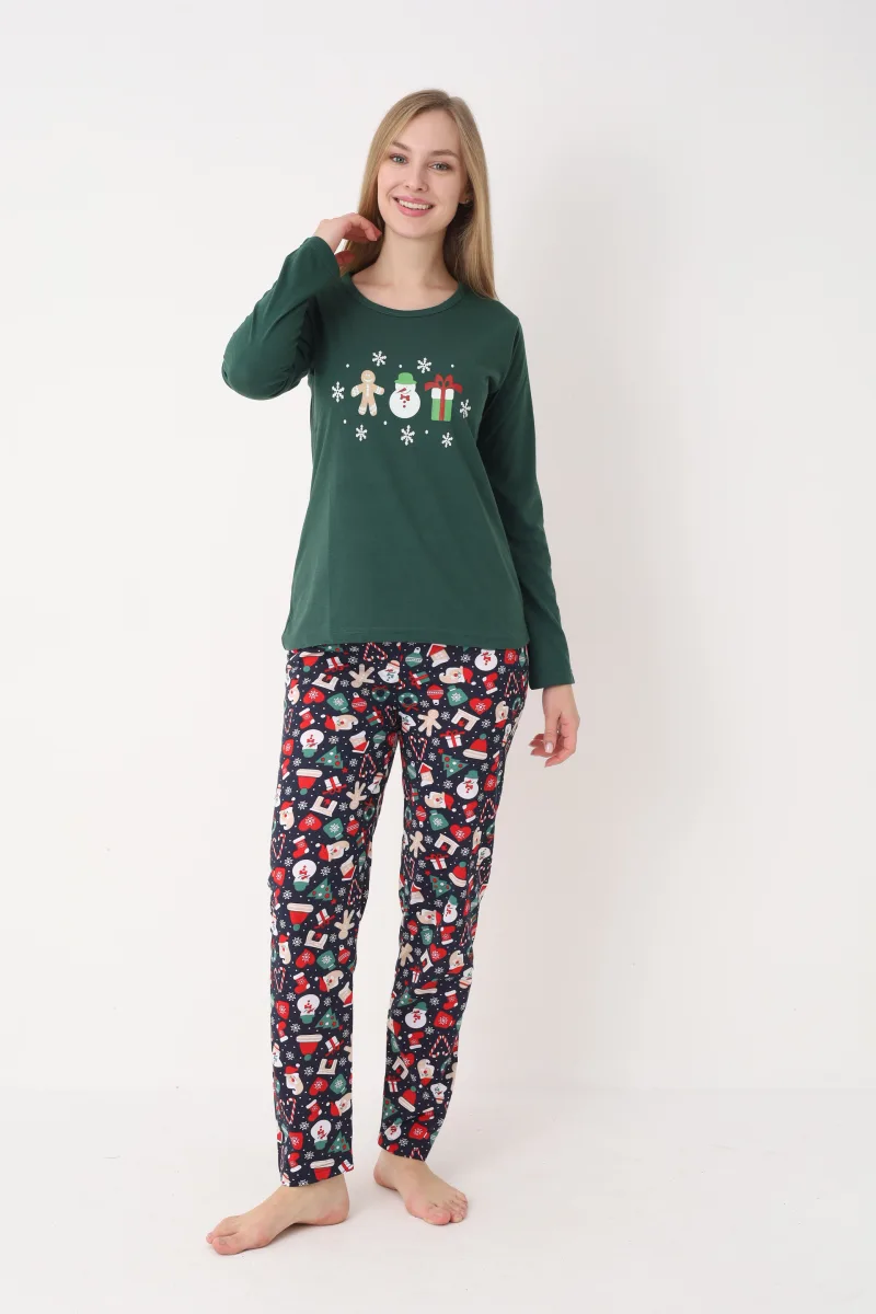 Pijama dama Craciun,maneca lunga si pantaloni lungi,imprimeu figurine festive, En-gros — Imaginea 3