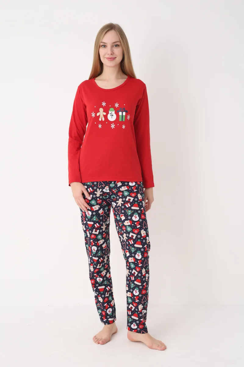 Pijama dama Craciun,maneca lunga si pantaloni lungi,imprimeu figurine festive, En-gros — Image 1