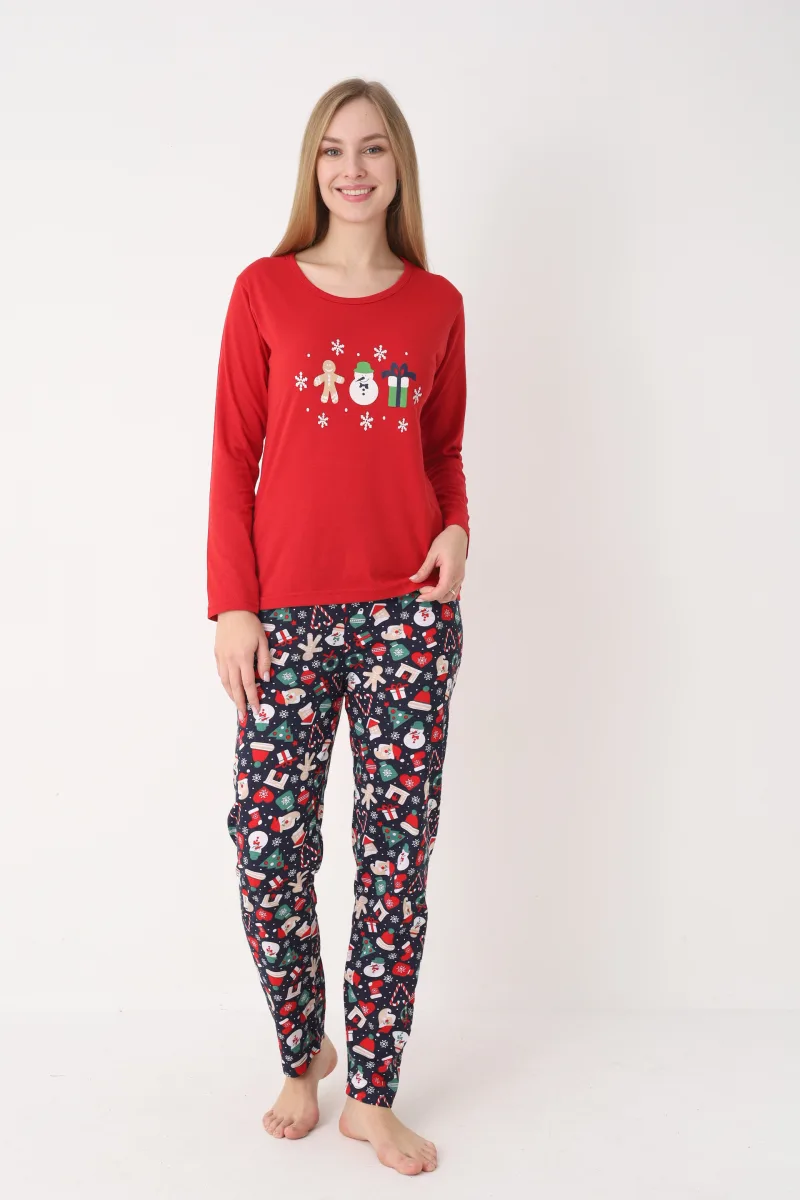 Pijama dama Craciun,maneca lunga si pantaloni lungi,imprimeu figurine festive, En-gros — Image 2