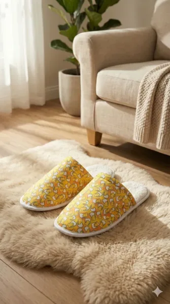 Papuci de casă pentru bărbați, galbeni, cu imprimeu halbă de bere ,En-gros
