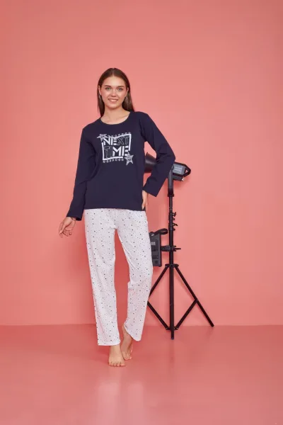Pijama dama,maneca lunga si pantalon lung, culoare bleumarin,Engros