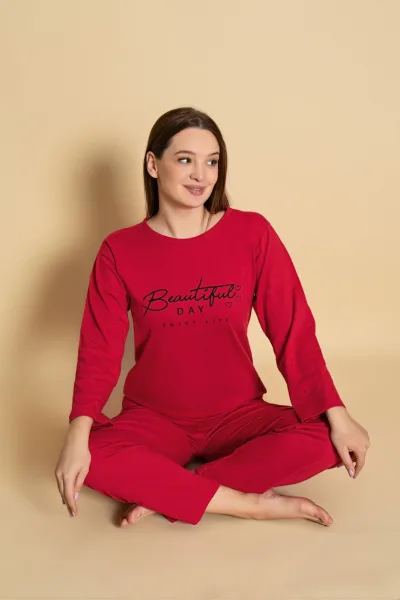 Pijama dama,maneca lunga si pantalon lung, culoare rosu ,Engros