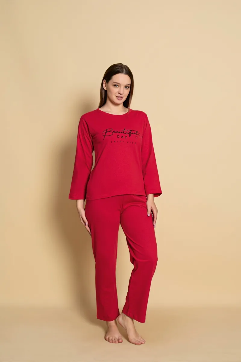 Pijama dama,maneca lunga si pantalon lung, culoare rosu ,Engros — Görsel 2